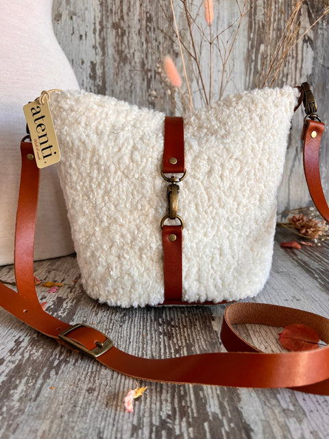 Sherpa Halle Bucket Bag- Atenti Handmade USA Crossbody with Leather Strap