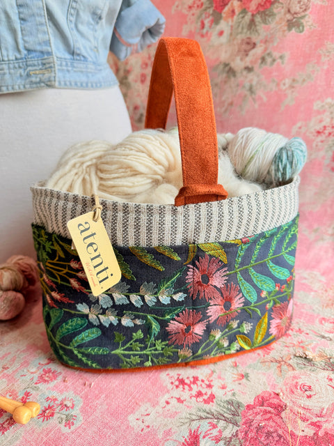 Meadow Caddy– Handmade USA Embroidered Floral Yarn & Notions Organizer, Atenti Project Bag