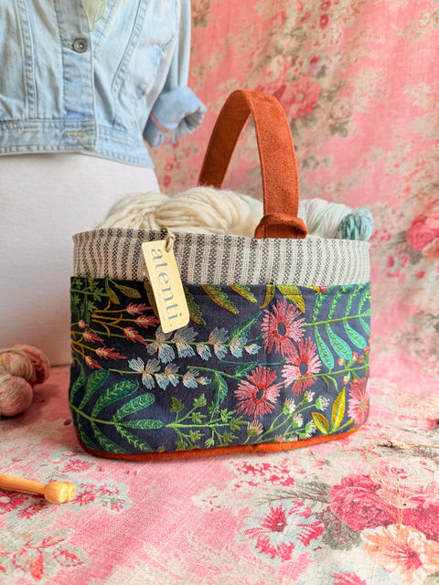Meadow Caddy– Handmade USA Embroidered Floral Yarn & Notions Organizer, Atenti Project Bag