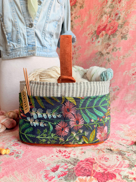 Meadow Caddy– Handmade USA Embroidered Floral Yarn & Notions Organizer, Atenti Project Bag
