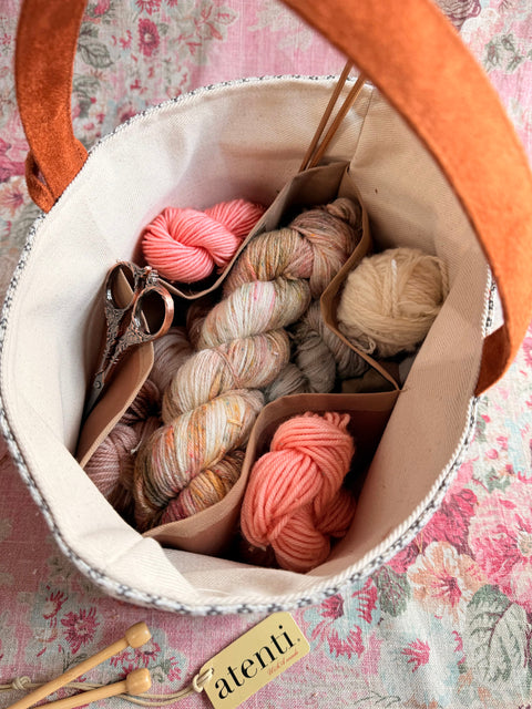 Meadow Caddy– Handmade USA Embroidered Floral Yarn & Notions Organizer, Atenti Project Bag