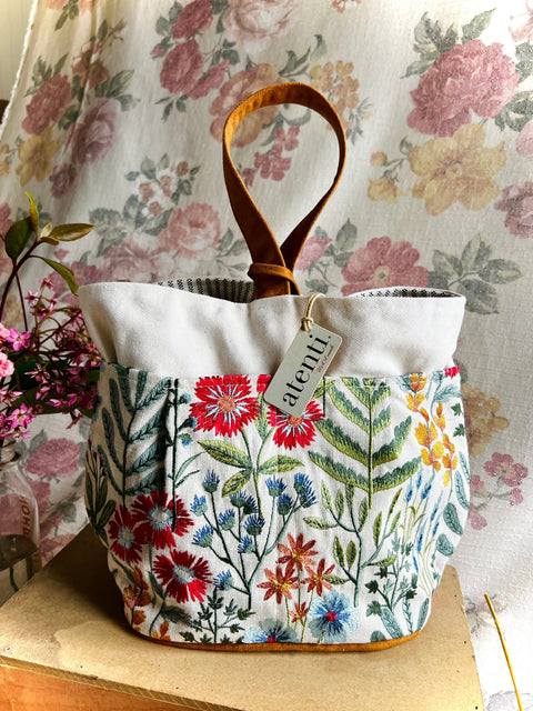 Wildflower Tall Caddy– Handmade USA Embroidered Floral Yarn & Notions Organizer, Atenti Project Bag