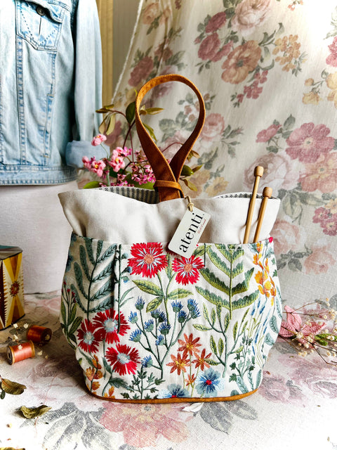 Wildflower Tall Caddy– Handmade USA Embroidered Floral Yarn & Notions Organizer, Atenti Project Bag