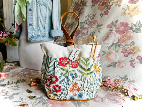 Wildflower Tall Caddy– Handmade USA Embroidered Floral Yarn & Notions Organizer, Atenti Project Bag
