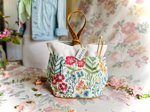 Wildflower Tall Caddy– Handmade USA Embroidered Floral Yarn & Notions Organizer, Atenti Project Bag