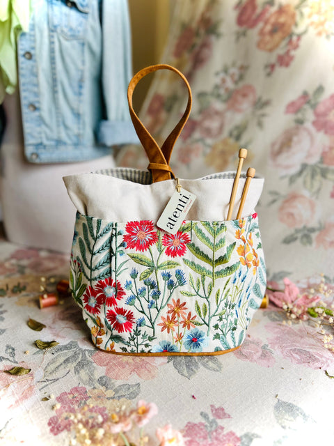 Wildflower Tall Caddy– Handmade USA Embroidered Floral Yarn & Notions Organizer, Atenti Project Bag