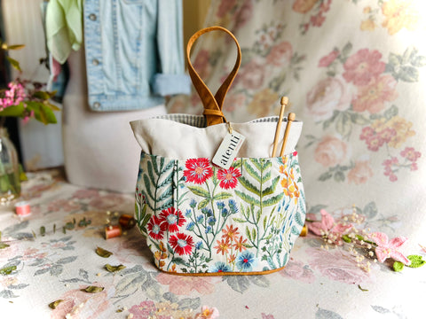 Wildflower Tall Caddy– Handmade USA Embroidered Floral Yarn & Notions Organizer, Atenti Project Bag