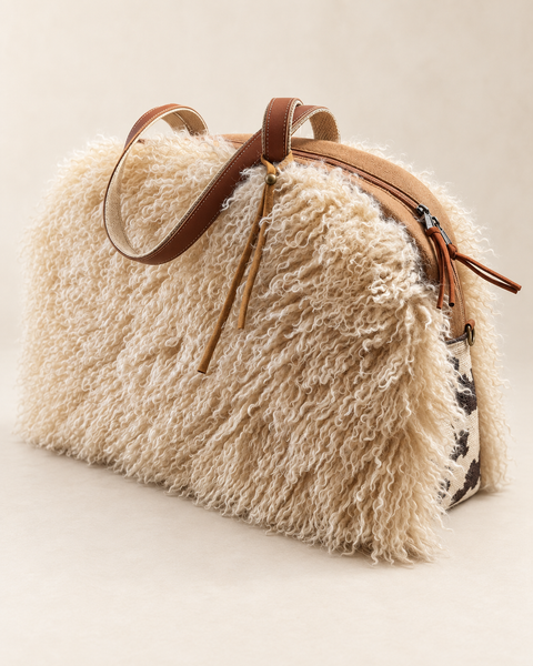 Butterscotch Overnighter, Atenti USA Handmade,  Faux Fur Carryall Leather Handle