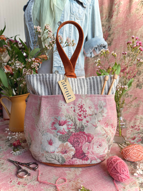 Rosewood Tall Caddy– Handmade USA Floral Yarn & Notions Organizer, Atenti Project Bag