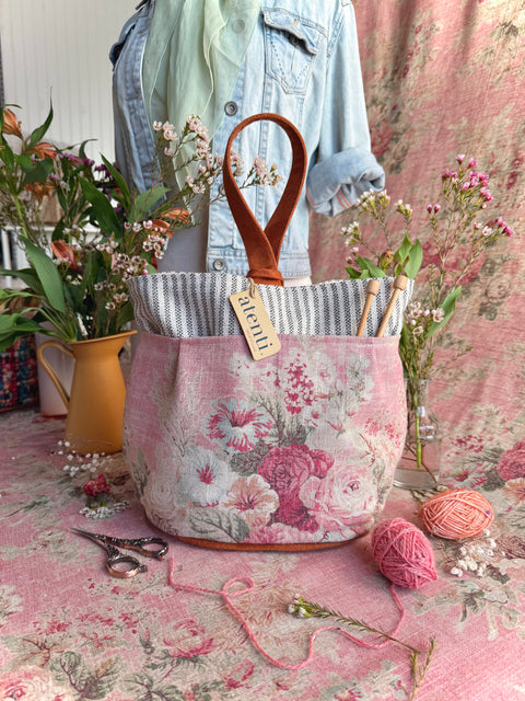 Rosewood Tall Caddy– Handmade USA Floral Yarn & Notions Organizer, Atenti Project Bag