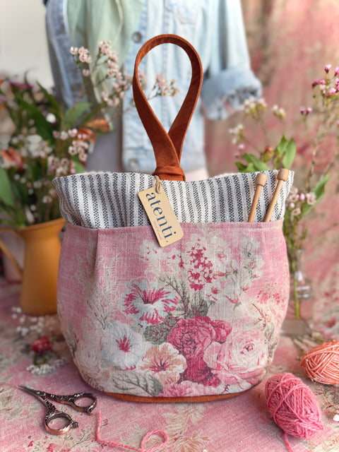 Rosewood Tall Caddy– Handmade USA Floral Yarn & Notions Organizer, Atenti Project Bag