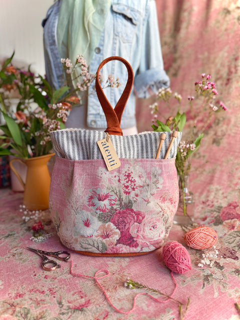 Rosewood Tall Caddy– Handmade USA Floral Yarn & Notions Organizer, Atenti Project Bag