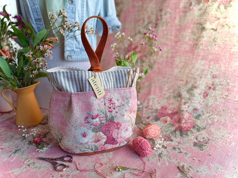 Rosewood Tall Caddy– Handmade USA Floral Yarn & Notions Organizer, Atenti Project Bag