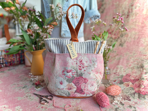 Rosewood Tall Caddy– Handmade USA Floral Yarn & Notions Organizer, Atenti Project Bag