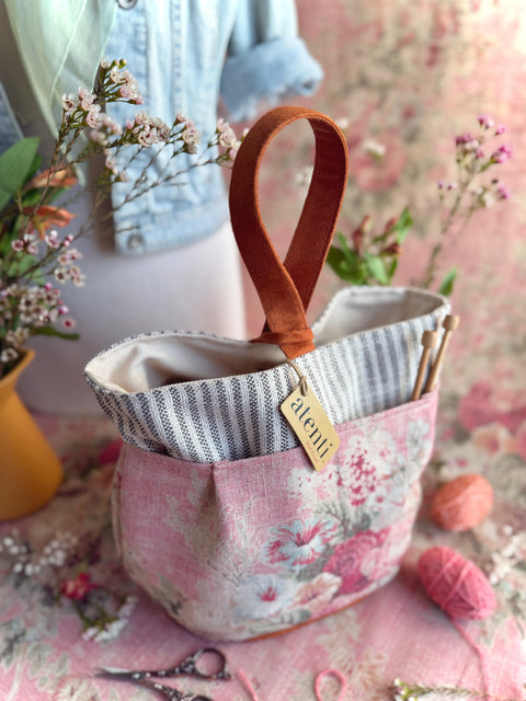 Rosewood Tall Caddy– Handmade USA Floral Yarn & Notions Organizer, Atenti Project Bag