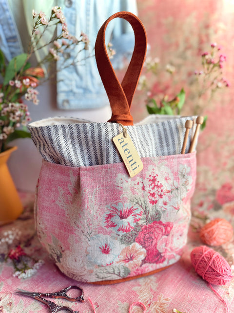 Rosewood Tall Caddy– Handmade USA Floral Yarn & Notions Organizer, Atenti Project Bag
