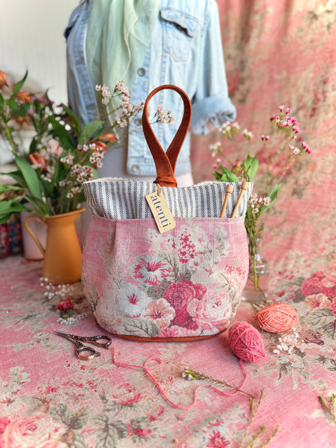 Rosewood Tall Caddy– Handmade USA Floral Yarn & Notions Organizer, Atenti Project Bag