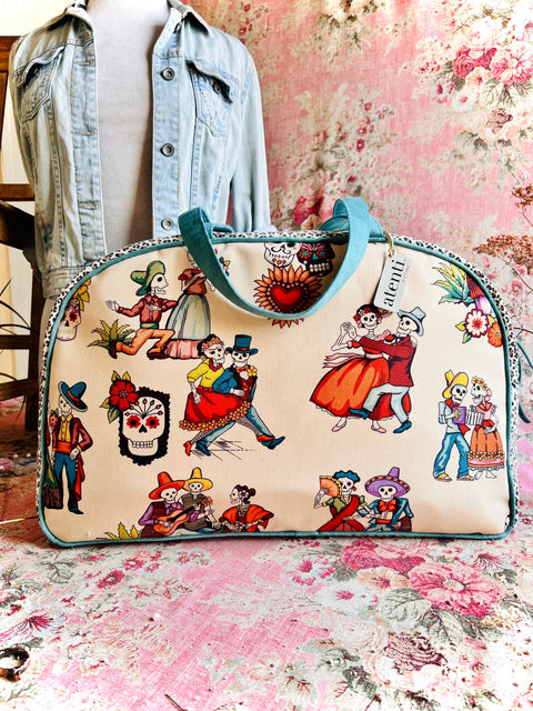 Dia de Los Muertos Overnighter – Handmade Weekender Bag, Durable Canvas with Teal Accents