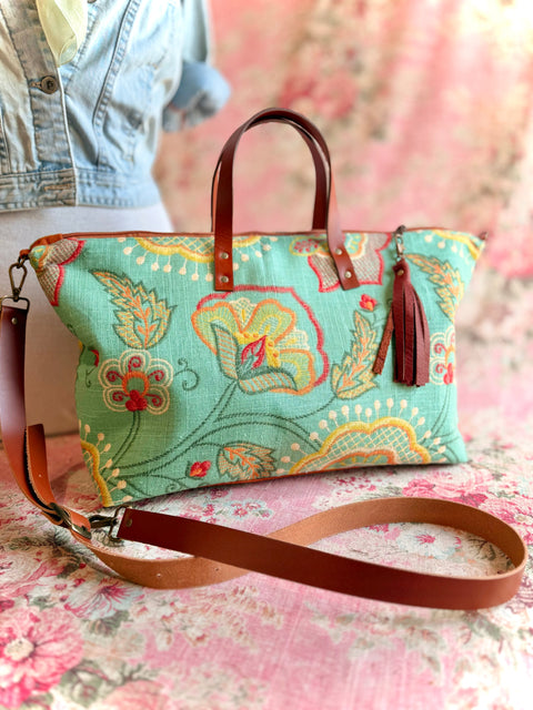 Verdant Bloom Buddy Bag w/ Accessories Zipper Pouch, USA-Made, Handmade Floral Travel Bag, Verdant Bloom
