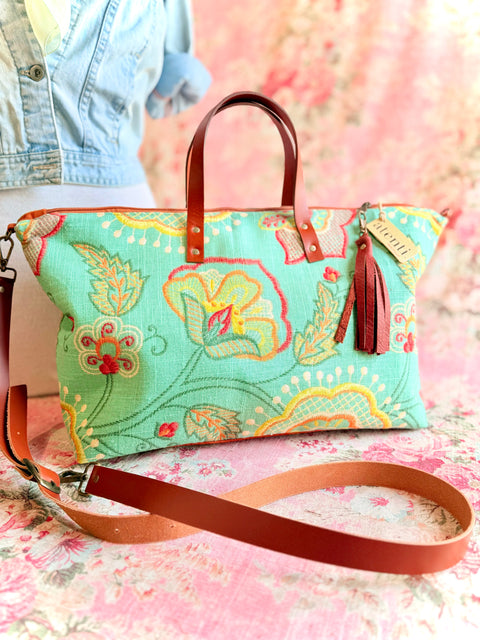 Verdant Bloom Buddy Bag w/ Accessories Zipper Pouch, USA-Made, Handmade Floral Travel Bag, Verdant Bloom