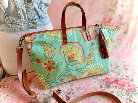 Verdant Bloom Buddy Bag w/ Accessories Zipper Pouch, USA-Made, Handmade Floral Travel Bag, Verdant Bloom