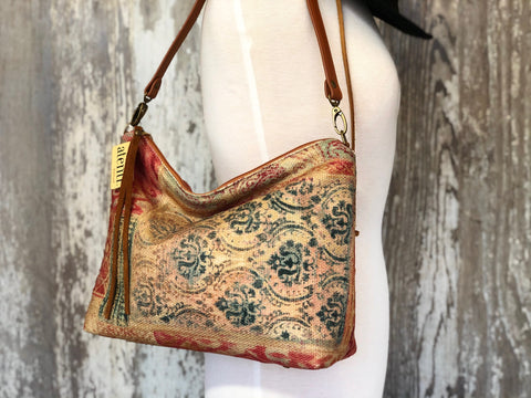 Linen Patch Borsa Bag- Atenti Handmade USA Crossbody with Leather Strap