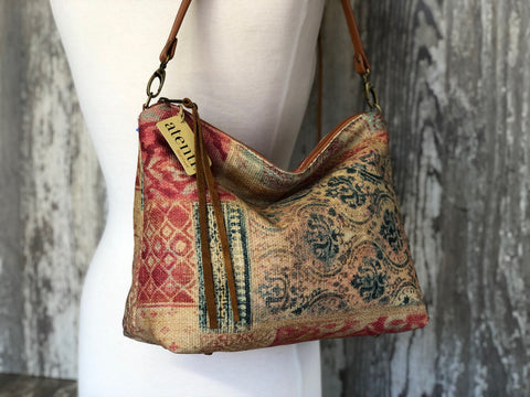Linen Patch Borsa Bag- Atenti Handmade USA Crossbody with Leather Strap