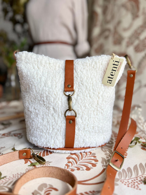 Sherpa Halle Bucket Bag- Atenti Handmade USA Crossbody with Leather Strap