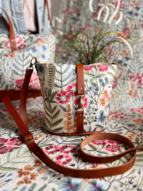 Wildflower Halle Bucket Bag- Atenti Handmade USA Embroidered Floral Crossbody with Leather Strap