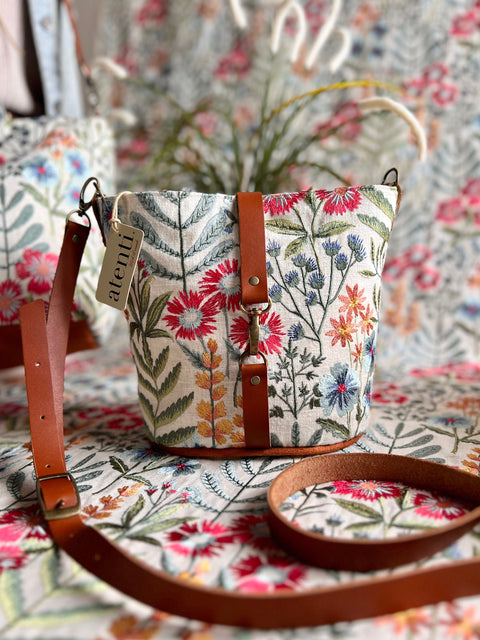 Wildflower Halle Bucket Bag- Atenti Handmade USA Embroidered Floral Crossbody with Leather Strap