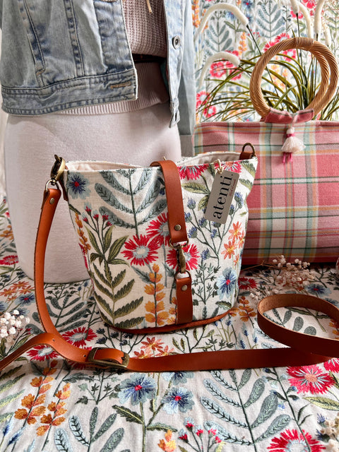 Wildflower Halle Bucket Bag- Atenti Handmade USA Embroidered Floral Crossbody with Leather Strap