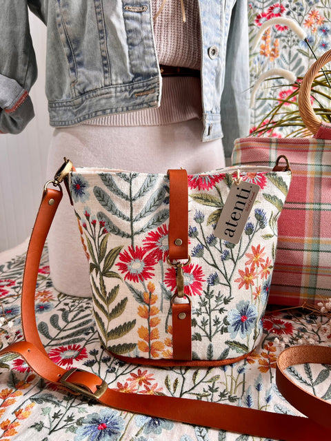 Wildflower Halle Bucket Bag- Atenti Handmade USA Embroidered Floral Crossbody with Leather Strap