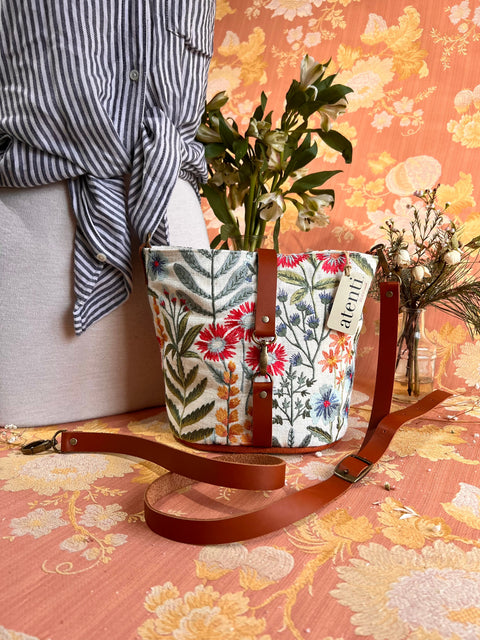 Wildflower Halle Bucket Bag- Atenti Handmade USA Embroidered Floral Crossbody with Leather Strap