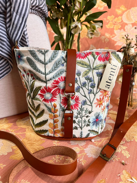 Wildflower Halle Bucket Bag- Atenti Handmade USA Embroidered Floral Crossbody with Leather Strap