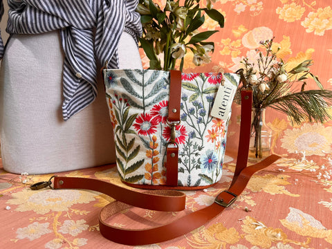 Wildflower Halle Bucket Bag- Atenti Handmade USA Embroidered Floral Crossbody with Leather Strap