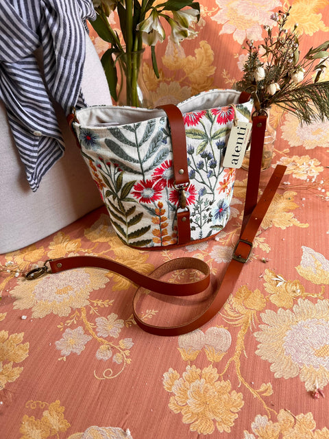 Wildflower Halle Bucket Bag- Atenti Handmade USA Embroidered Floral Crossbody with Leather Strap