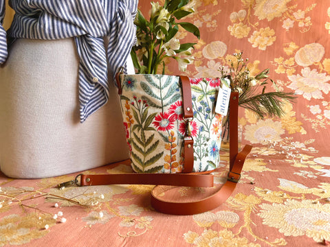 Wildflower Halle Bucket Bag- Atenti Handmade USA Embroidered Floral Crossbody with Leather Strap