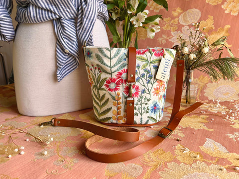 Wildflower Halle Bucket Bag- Atenti Handmade USA Embroidered Floral Crossbody with Leather Strap
