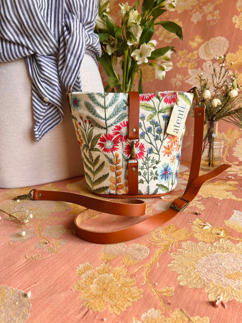 Wildflower Halle Bucket Bag- Atenti Handmade USA Embroidered Floral Crossbody with Leather Strap