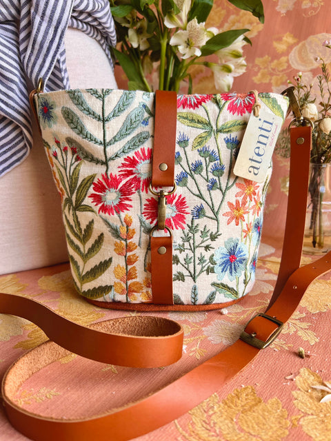 Wildflower Halle Bucket Bag- Atenti Handmade USA Embroidered Floral Crossbody with Leather Strap