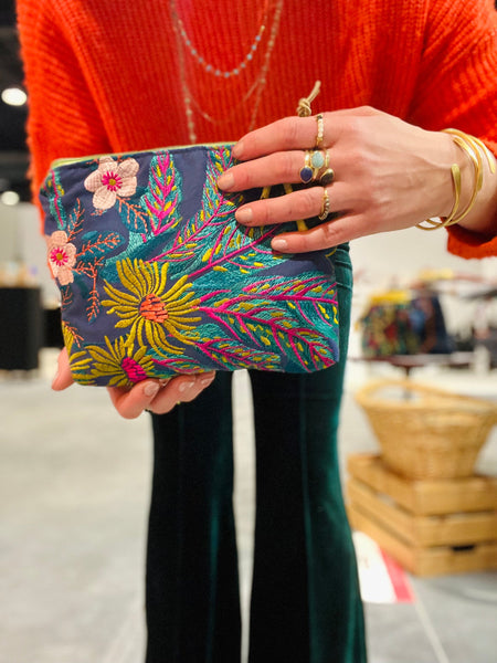 Atenti Flora Accessories Pouch with bright floral embroidery on navy with a zip closure.