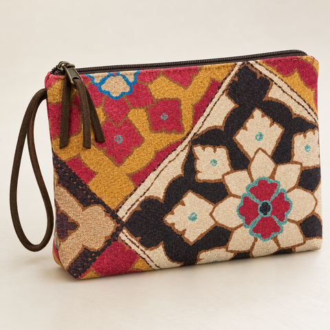 Angled view of Atenti Fables Grand Pouch, showing its colorful floral cotton fabric and brown wrist loop.