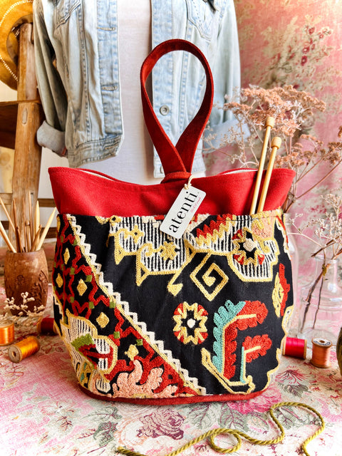Sew Crewel Tall Caddy– Handmade USA Embroidered Yarn & Notions Organizer, Atenti Project Bag