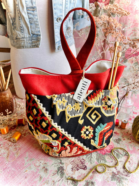 Sew Crewel Tall Caddy– Handmade USA Embroidered Yarn & Notions Organizer, Atenti Project Bag