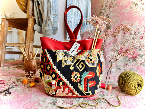 Sew Crewel Tall Caddy– Handmade USA Embroidered Yarn & Notions Organizer, Atenti Project Bag