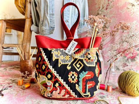Sew Crewel Tall Caddy– Handmade USA Embroidered Yarn & Notions Organizer, Atenti Project Bag