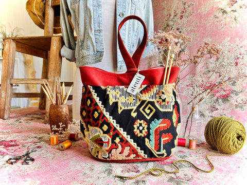 Sew Crewel Tall Caddy– Handmade USA Embroidered Yarn & Notions Organizer, Atenti Project Bag
