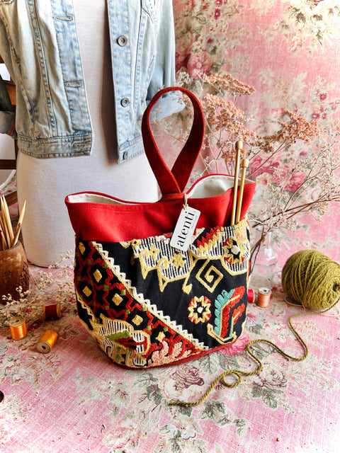 Sew Crewel Tall Caddy– Handmade USA Embroidered Yarn & Notions Organizer, Atenti Project Bag