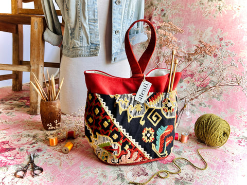 Sew Crewel Tall Caddy– Handmade USA Embroidered Yarn & Notions Organizer, Atenti Project Bag