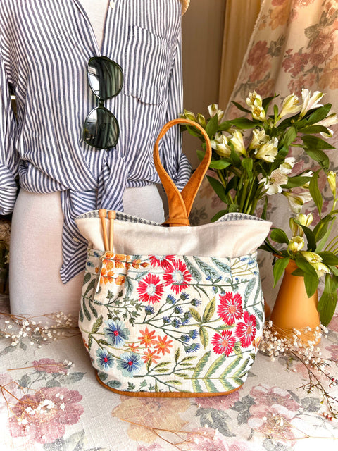 Wildflower Tall Caddy– Handmade USA Embroidered Floral Yarn & Notions Organizer, Atenti Project Bag